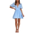 thumbnail image 2 of Gupgi Women Deep V-Neck A-Line Short Dress Solid Color Puff Sleeve Flowy Dresses, 2 of 6