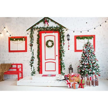 Image of Christmas Background Wallpaper 7x5ft Lighting Drop Red Door with Floor Photo Background Backdrop Xmas Party Photobooth