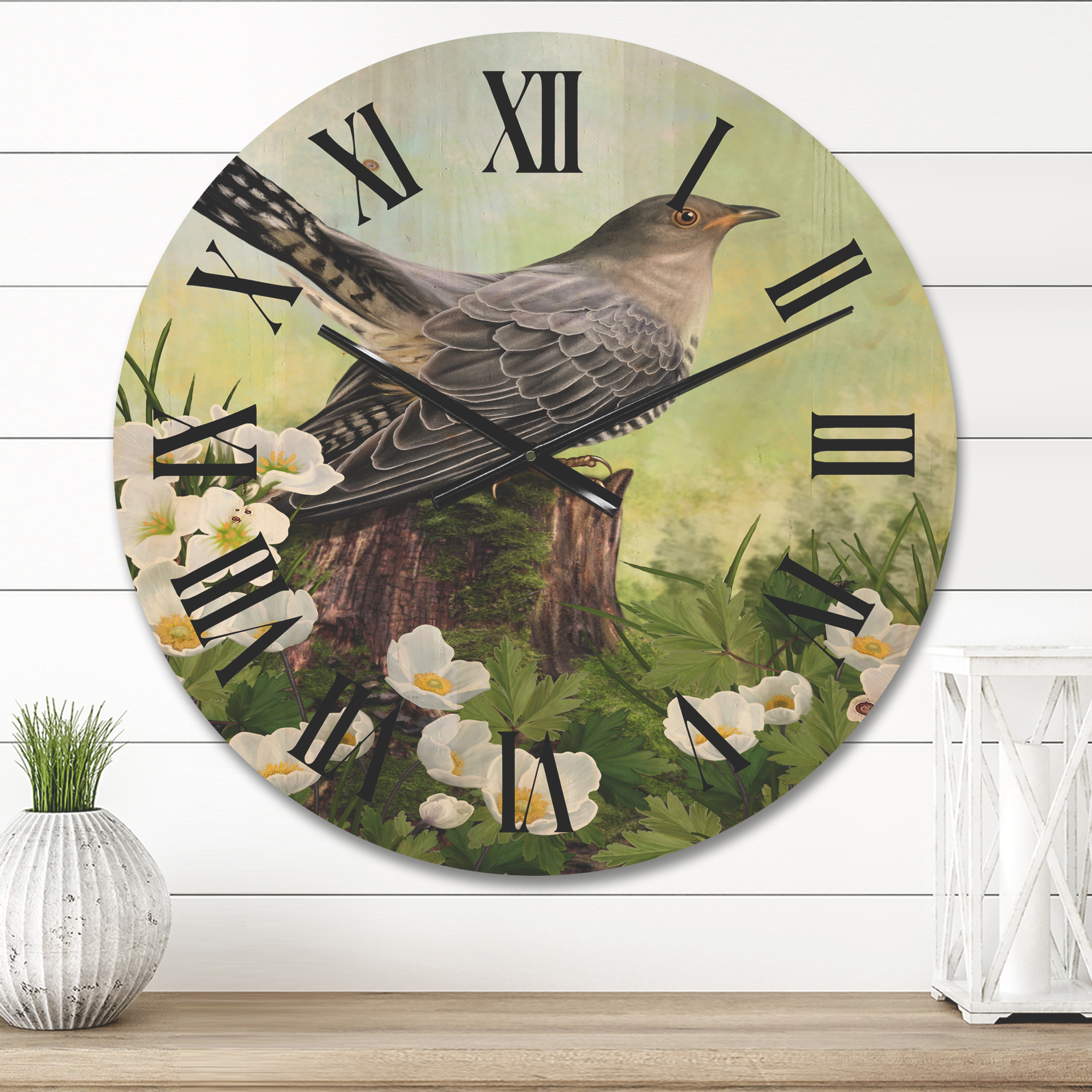 Designart 'Cuckoo Bird On An Old Stump and White Flowers' Traditional Wood Wall Clock