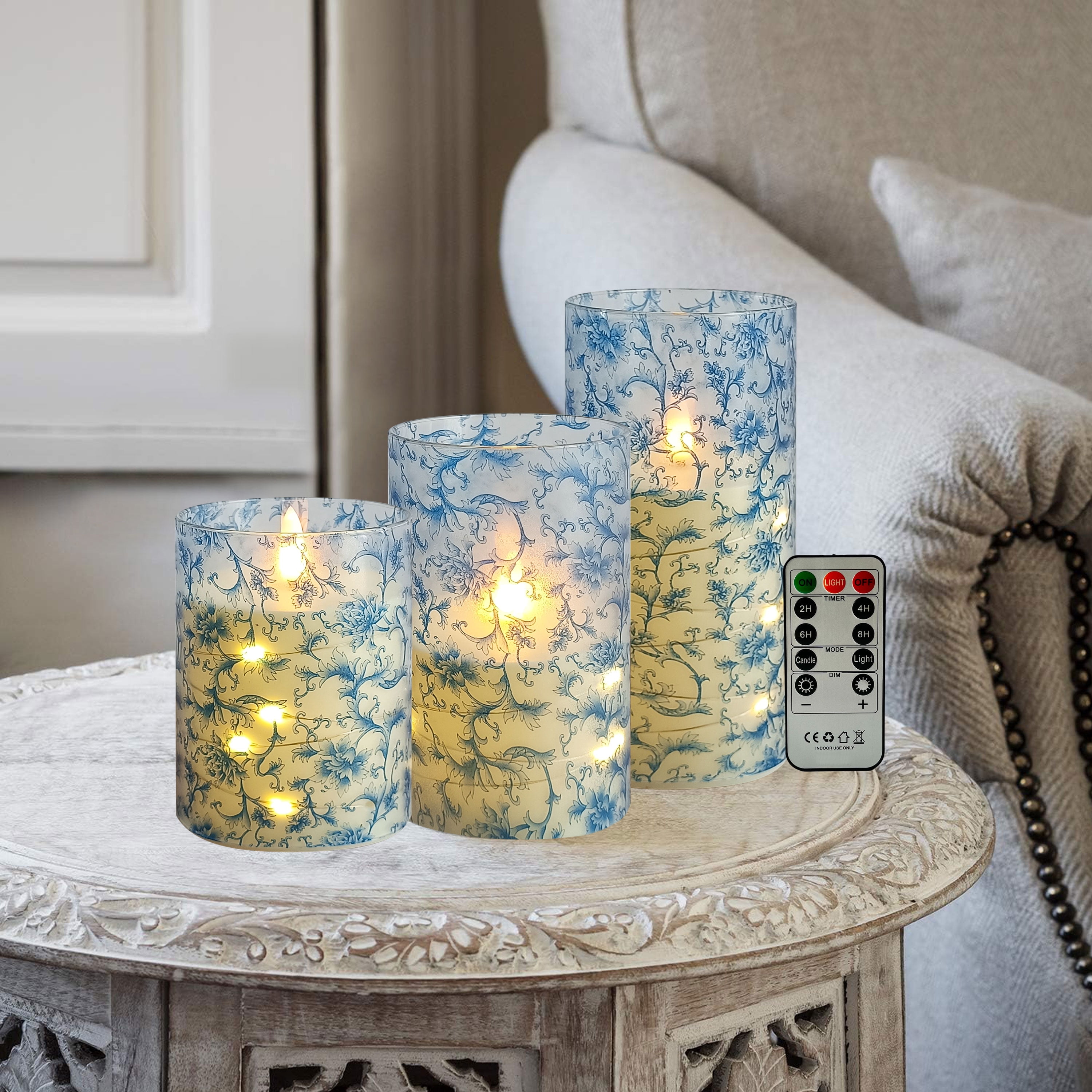Flameless Candles with String Lights LED Candle Battery Operated Candles with Remote Control,Printed Pillar LED Candles for Wedding Holiday Table Home Decorations,Set of 3