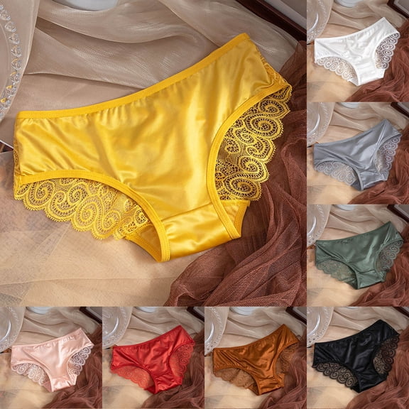 NordicNest Super Stretchy Women Underwear, Hollow Thin Strap Lace Satin Stitching Breathable Comfortable Casual Ladies Panties Briefs M-XL Yellow