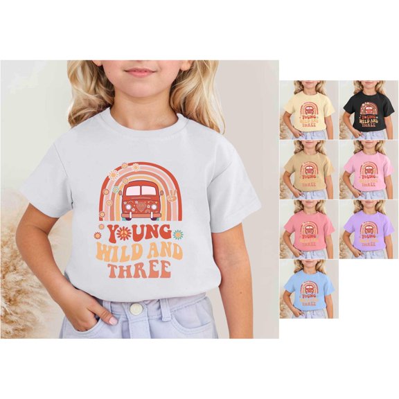 RTKFRFLM Girls Young Wild and Three Birthday T-Shirt Cute 3rd Birthday Year Letter Graphic Crewneck Short Sleeve Tee 3-13Y