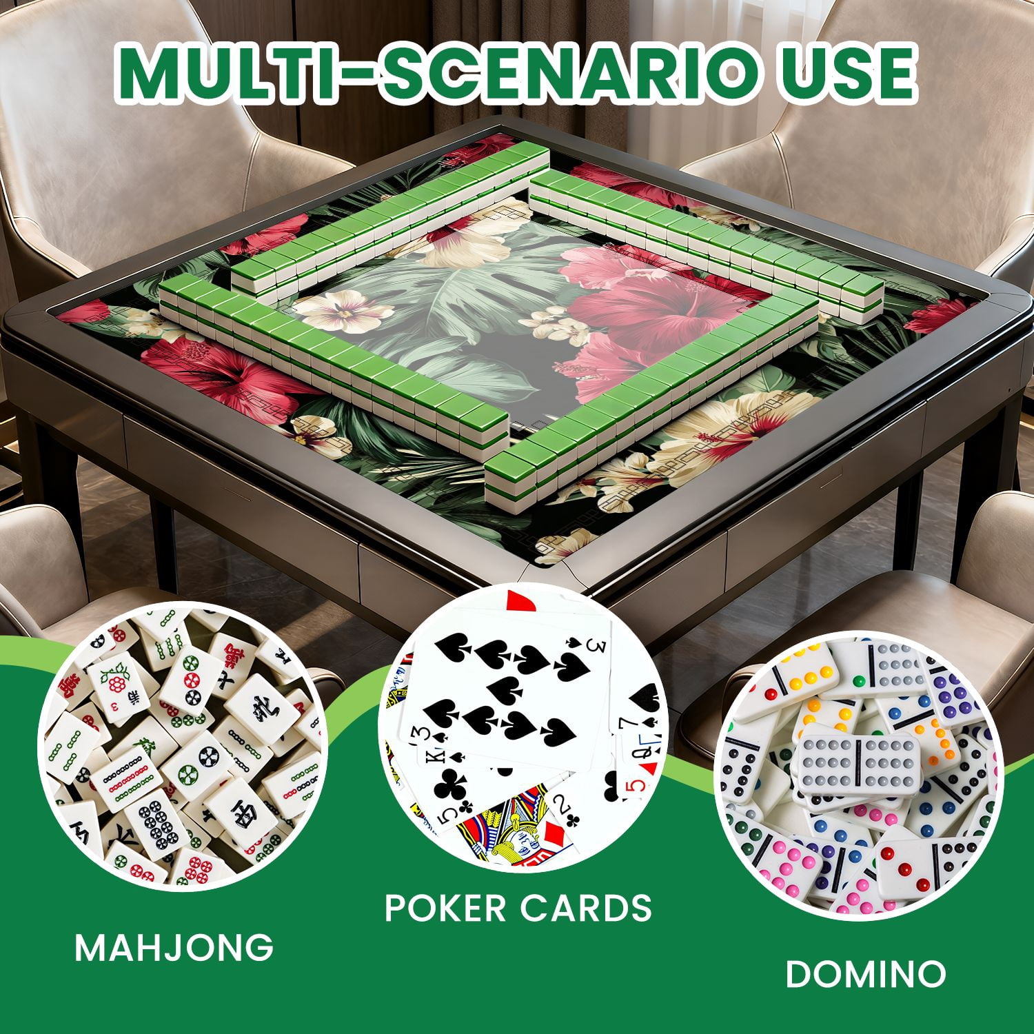 Mahjong Mat 31.5" x 31.5" seamless Exotic hawaiian tropical hibiscus flowers palm Non-Slip Noise Reduction American Mahjong Tiles Table Cover for Dominoes Poker Card Board Games Gift