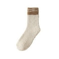 thumbnail image 3 of Women's Striped Coral Fleece Socks, Mid-Crew Length Plush Thermal Socks, Non-Slip Grip House Slipper Socks, Cozy Winter Bed Socks, Soft Patterned Sleep Socks - Beige, 3 of 10