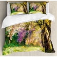 thumbnail image 3 of Landscape King Size Duvet Cover Set, Blurry Spring Park View with Walkway Colorful Flower Trees Garden Idyllic Scenery, Decorative 3 Piece Bedding Set with 2 Pillow Shams, Multicolor, by Ambesonne, 3 of 3
