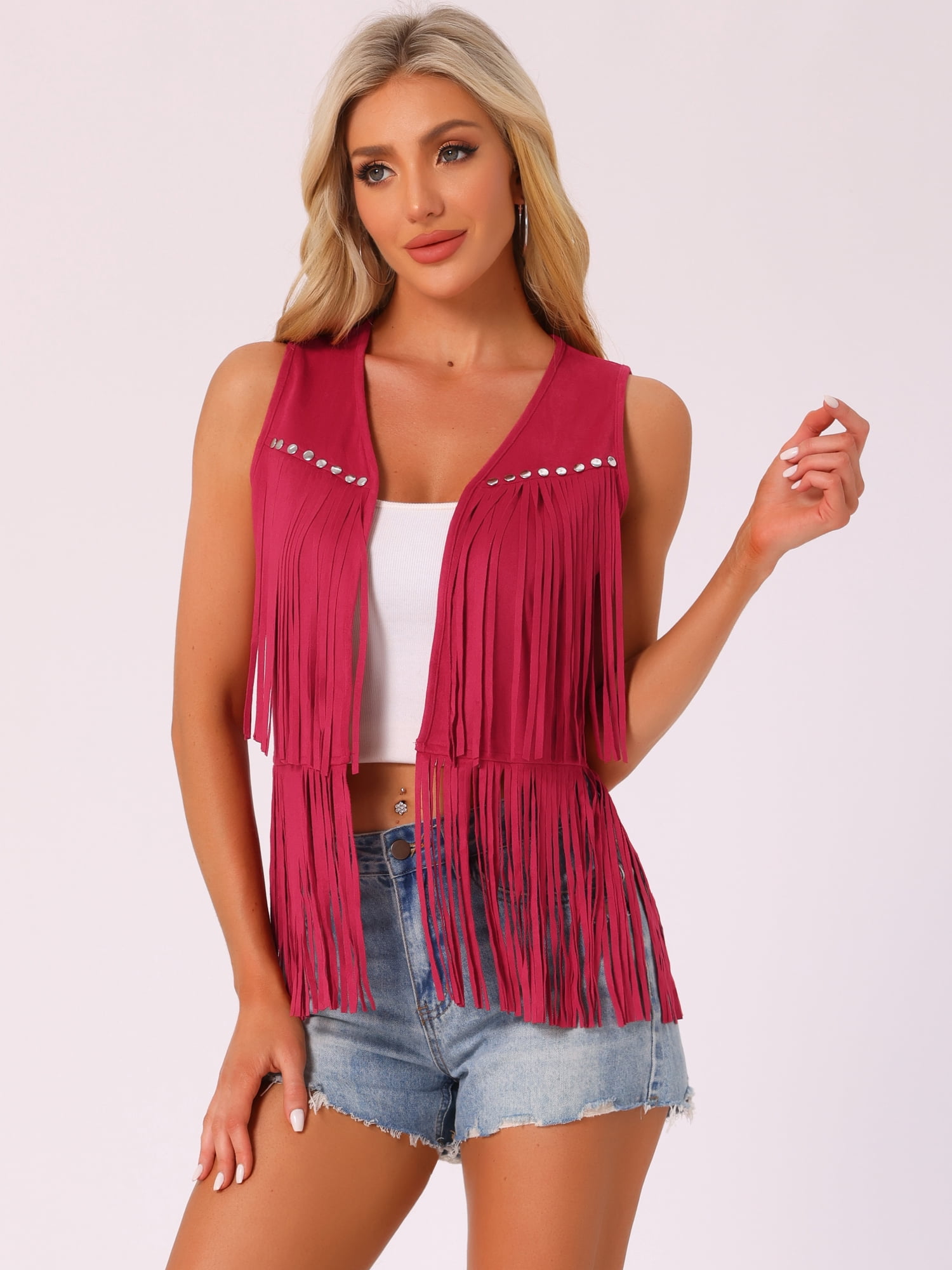 DARING DIVA Women's Fringe Vest Open Front Outfits Faux Suede Tassel Cardigan S Red