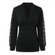 thumbnail image 5 of Top de encaje transparente con pedrería para mujer - Cuello en V, manga larga, blusa elegante y ajustada, 5 of 8