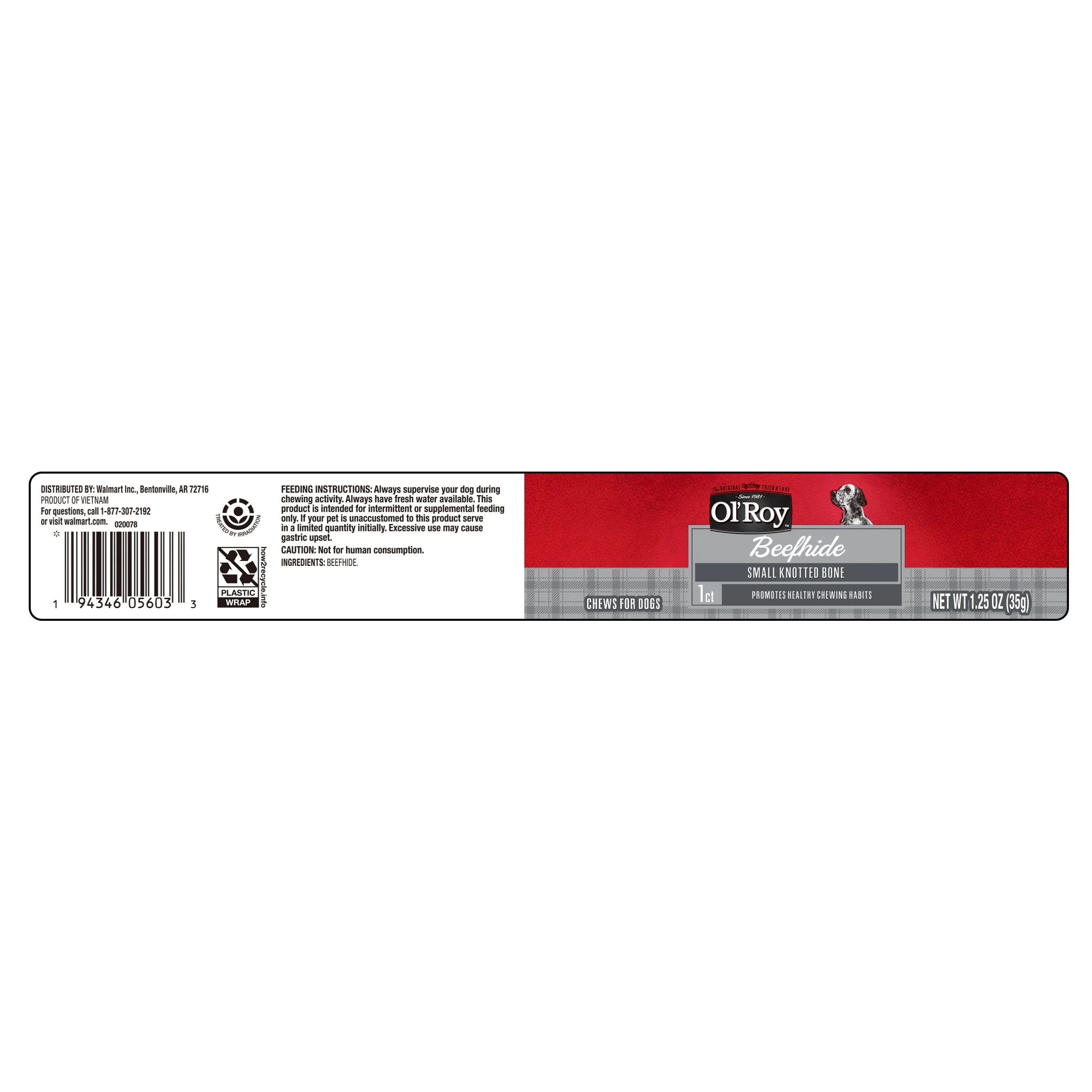 Ol' Roy 4-inch Rawhide Bone Natural Beef hide Chew for Dogs, Natural Flavor Treats for Dogs, 1.23 oz Bag