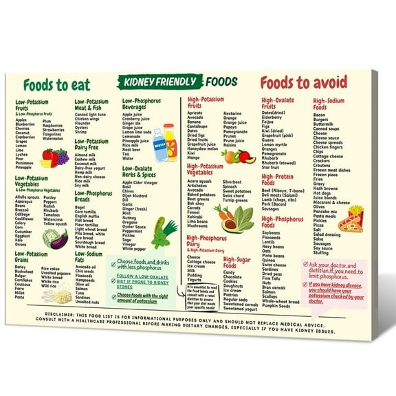 Kidney Friendly Foods Diet Guide Poster Nutrition Grocery List Wall Art