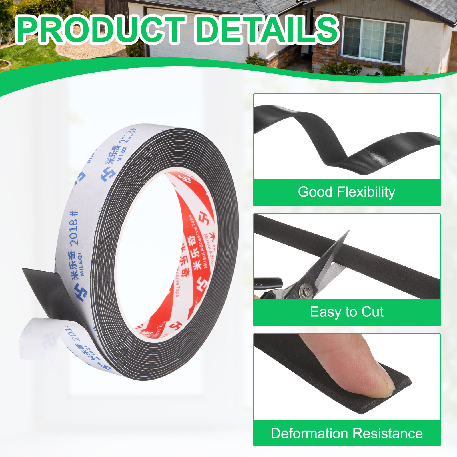 Uxcell 5Roll Sponge Rubber Foam Tape, 25/32" W x 5/64" t x 16.4ft l Self-Adhesive Foam Insulation Tape Weather Stripping for Window Door Soundproofing Weatherstrip AC Seal Strip, Black