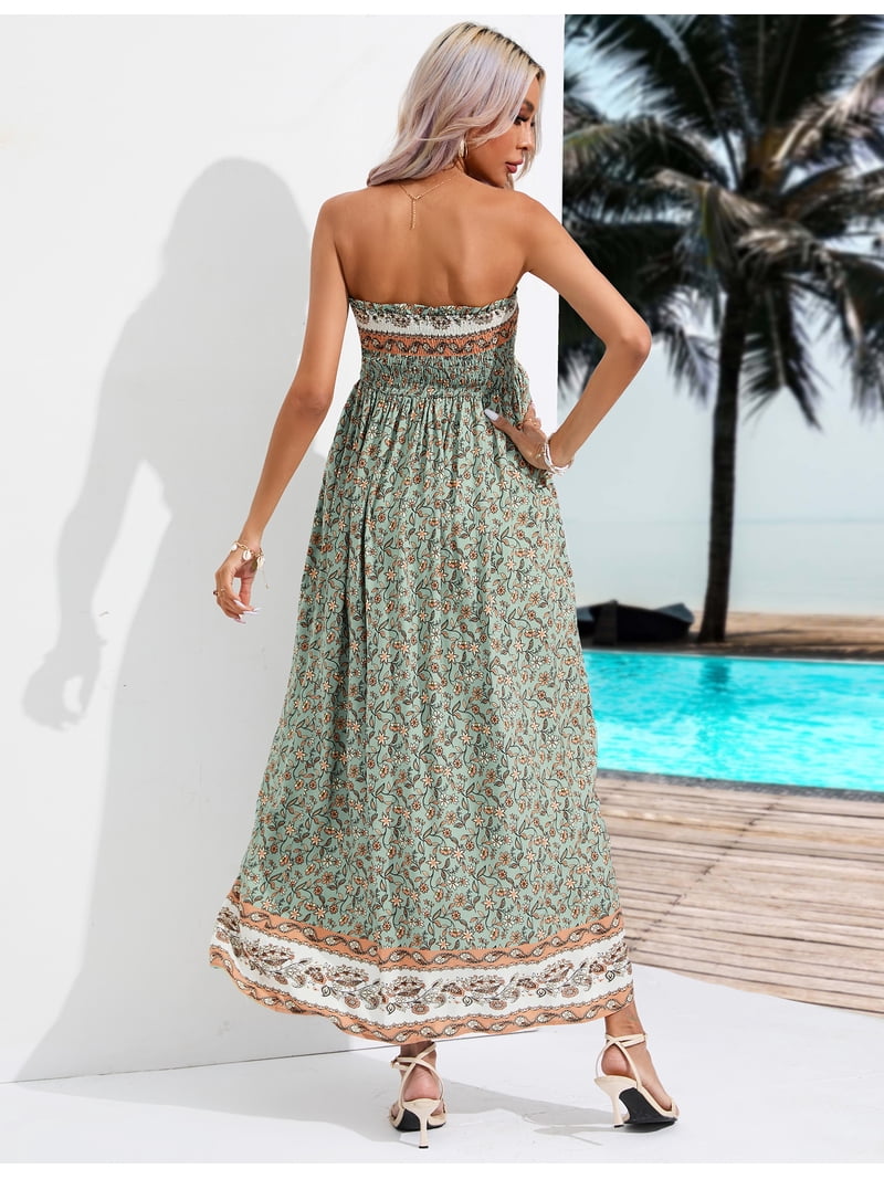 HYwys Women s Maternity Dresses Boho Strapless Summer Casual Floral Maxi  Dress Light Green M - Walmart.com