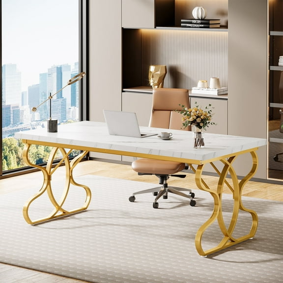 Finmind 63-Inch Computer Desk, Modern White Executive Desk with Gold Metal Legs