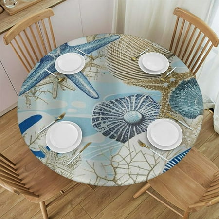 

Orinice Starfish Sea Shells Round Table Cover Stain Resistant Washable Indoor Outdoor Tablecloth Kitchen Dining Wedding Parties 100% Polyester Fiber 46-50