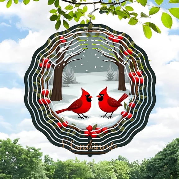 3D Metal Hanging Wind Spinners - Birds in Snowy Landscape Design for Yard & Garden Decor Beautiful Winter Scene with Pinecones