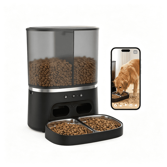 XUBIYM Automatic Cat Feeder with Camera,Automatic Dog Feeder Dry Food,8L Dual Hopper Auto Cat Food Dispenser,1080P Hd Video with Night 2-Way Audio/App,5G Wifi Pet Feeder