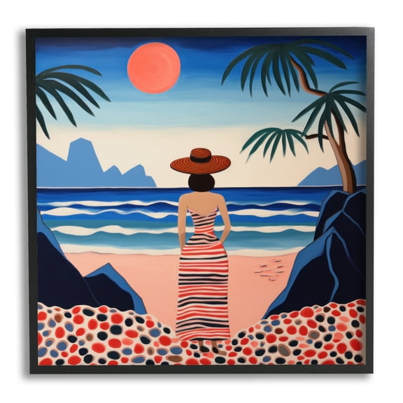 Stupell Industries Patterned Woman on Beach Landscape Painting Black Framed Art Print Wall Art, 24 x 24