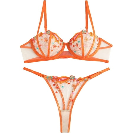 

ZWQIANWEXFED Women s Embroidery Floral Mesh Sheer Underwire Lingerie Bra and Panty Set