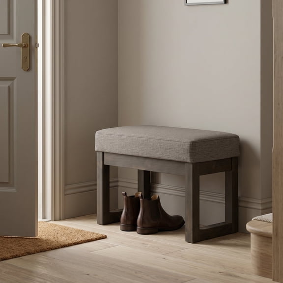Simpli Home Milltown 27 inch Wide Solid Wood Contemporary Footstool Small Ottoman Bench in Platinum