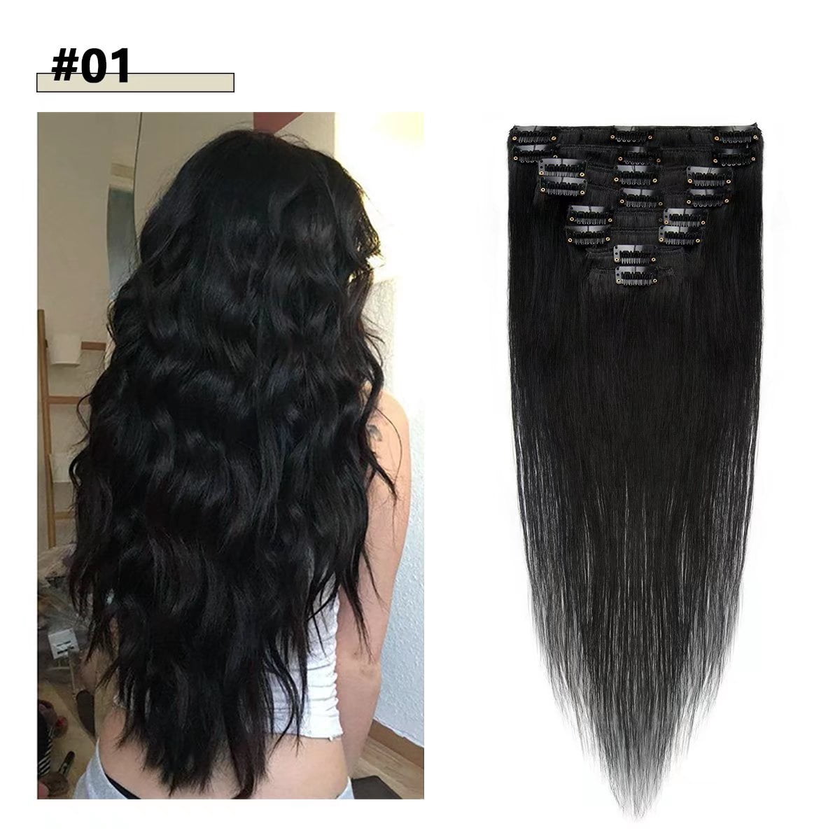 MY-LADY Clip in 100% Remy Human Hair Extensions 8Pcs Full Head Weft Highligh Hairpiece Long Straight #01 Jet Black 10inch