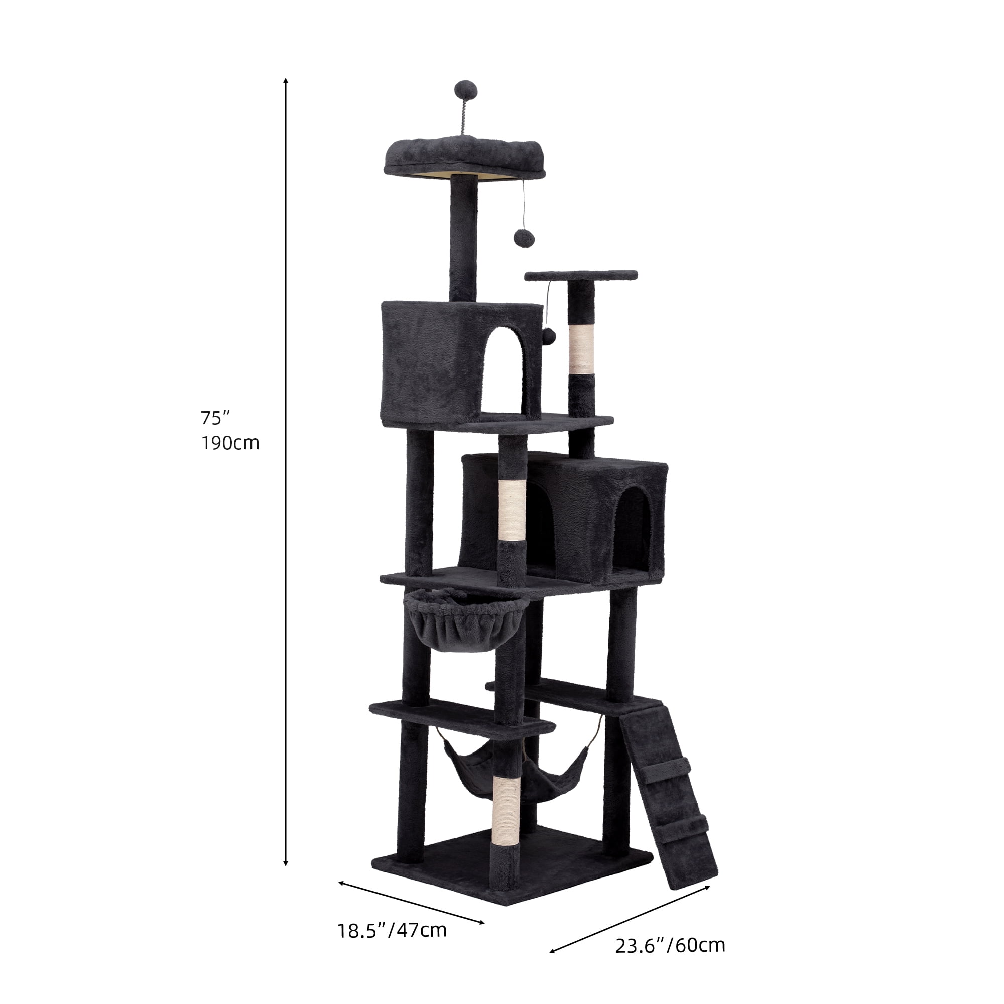 Uforic 75" Multi-Level Cat Tree with Scratching Posts, Caves & Hammock, Dark Gray