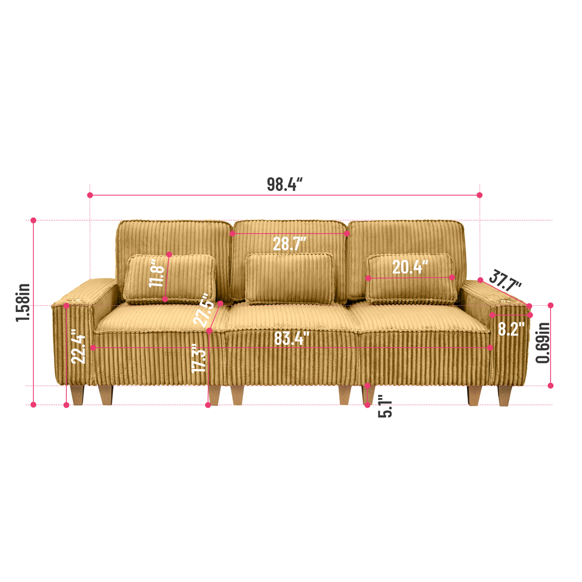 Aukfa 3 Piece Sofa Set - 99" Oversized 3 Seat Couch with Cup Holders&Pillows, 16 Solid Wood Legs, Camel