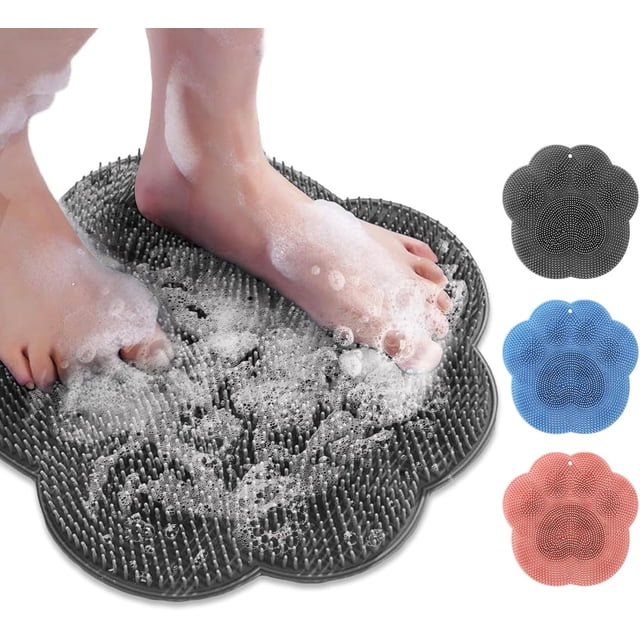 Shower Foot Scrubber Mat with Non-Slip Suction Cups, Foot Back Cleaning Pad Back Washer Exfoliating Bath Wash Pad, Non Slip Bathtub and Shower Mat with Suction Cups and Drain Holes (Gray)