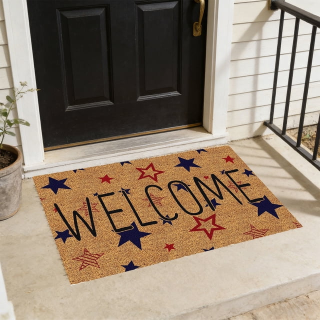 HCBY Patriotic Welcome Doormat, Independence Day Entry Rug, Star Pattern Design, Non-Slip Silicone Backing, Red White Blue Accents for Front Porch