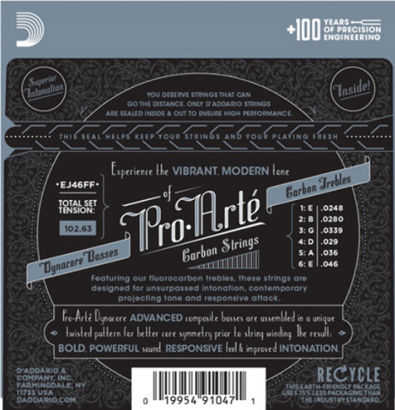 D'Addario EJ46FF Pro-Arté Carbon Classical Guitar Strings, Dynacore Basses, Hard Tension