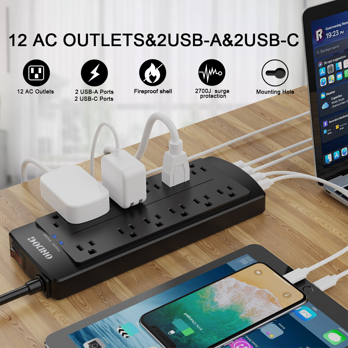 ONDOG 12-Outlet Power Strip, 4 USB Ports, 6 Feet photo 2