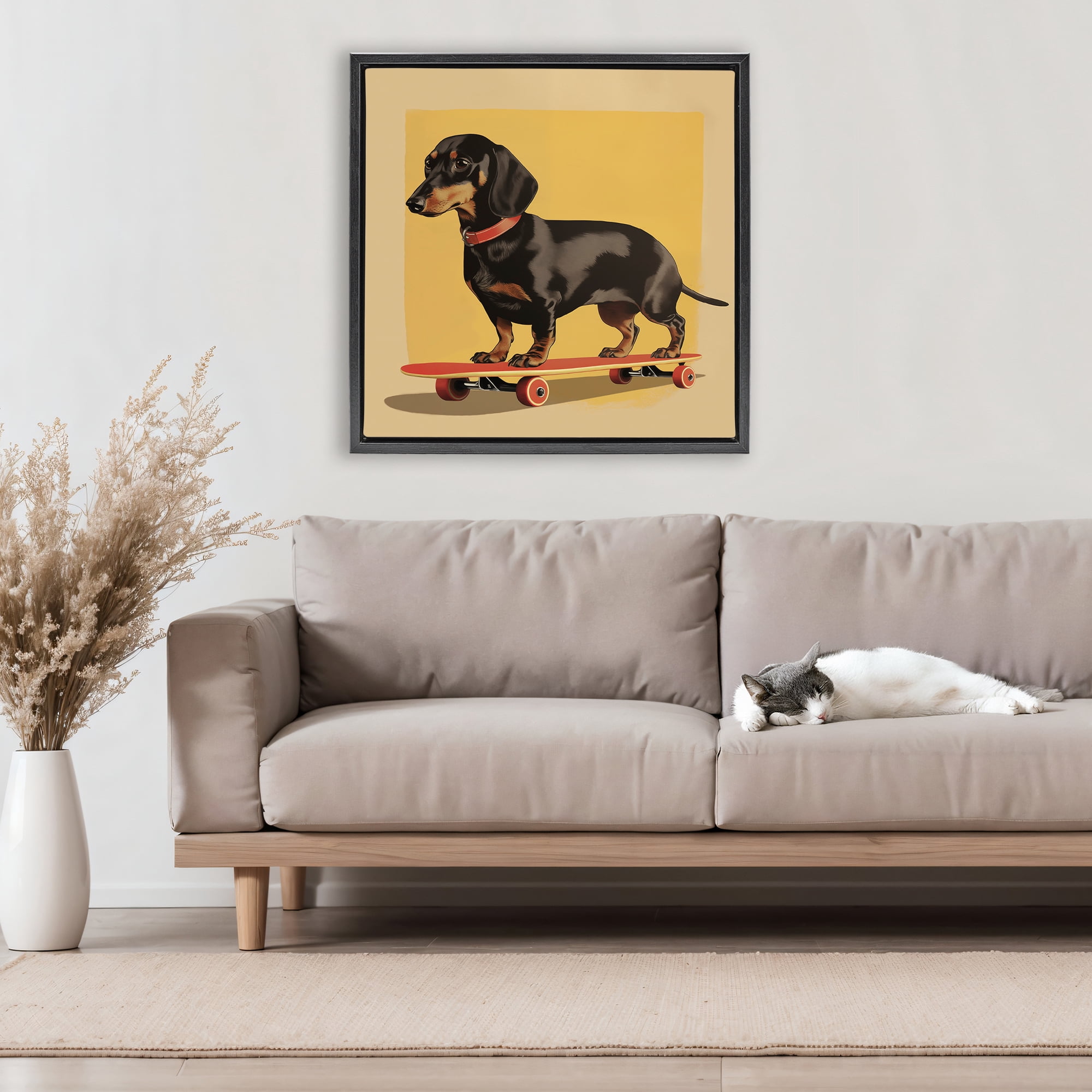 Stupell Industries Dachshund on Red Skateboard Black Framed Floater Canvas Wall Art, design by Andreas Magnusson