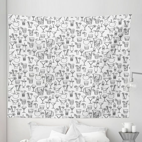 Vodka Soda Tapestry, Continuous Monochrome Sketch Cocktails of Various Kinds Illustration, Fabric Wall Hanging Decor for Bedroom Living Room Dorm, 5 Sizes, Charcoal Grey White, by Ambesonne