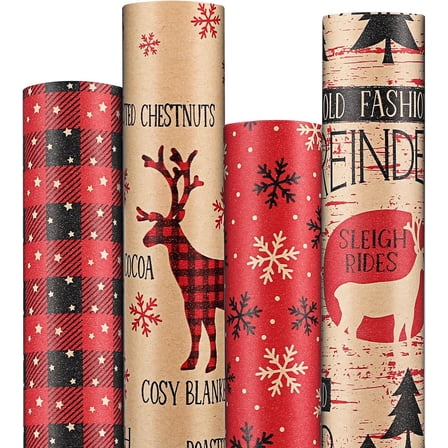 DEA Christmas Wrapping Paper (4 Rolls: 93 sq. ft total) 17 Inch*16.4 Feet Per Rolls, Xmas Kraft Set Designs with Plaid, Reindeer, Tree, Snowflake & Star Patterns Holiday Wrap for Gift
