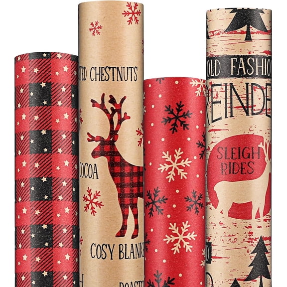 DEA Christmas Wrapping Paper (4 Rolls: 93 sq. ft total) 17 Inch*16.4 Feet Per Rolls, Xmas Kraft Set Designs with Plaid, Reindeer, Tree, Snowflake & Star Patterns Holiday Wrap for Gift
