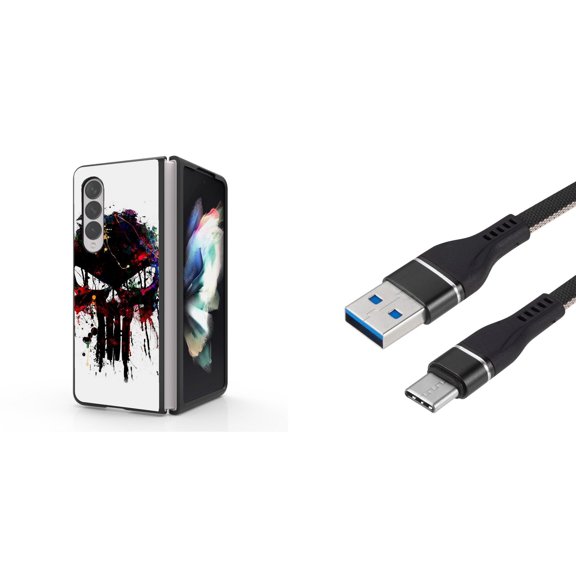 Accessory Bundle for Galaxy Z Fold 4: Slim Snap-On Case (Paint Splatter Skull), Nylon Braided USB-C to USB-A Cable (3 Feet)