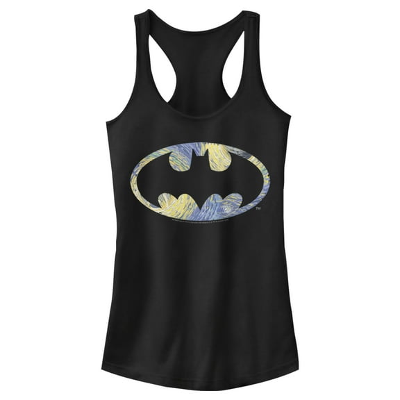 Junior's Batman Shield Logo Artistic Swirl  Racerback Tank Top Black Large