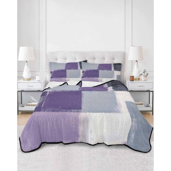 Quilts King Size, Purple Grey Soft Comforter Bedding Set for Bed, Modern White Graffiti Square Smear Texture Lightweight Quilted Bedspread with Pillow Cover(2 Pieces) for All Season, 96x106 Inch