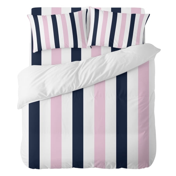 Navy Blue Pink Striped Twin Duvet Cover Set 4pcs Modern Soft Cozy All Season Bed Sheet Set, 1 Duvet Cover 1 Sheet and 2 Pillowcases (No Comforter)