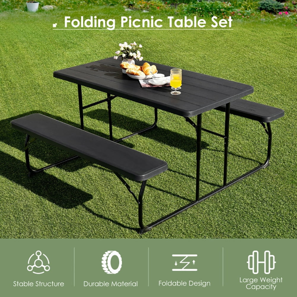 Aimee Lii Indoor and Outdoor Folding Picnic Table Bench Set, Outdoor Patio Furniture Set, Black