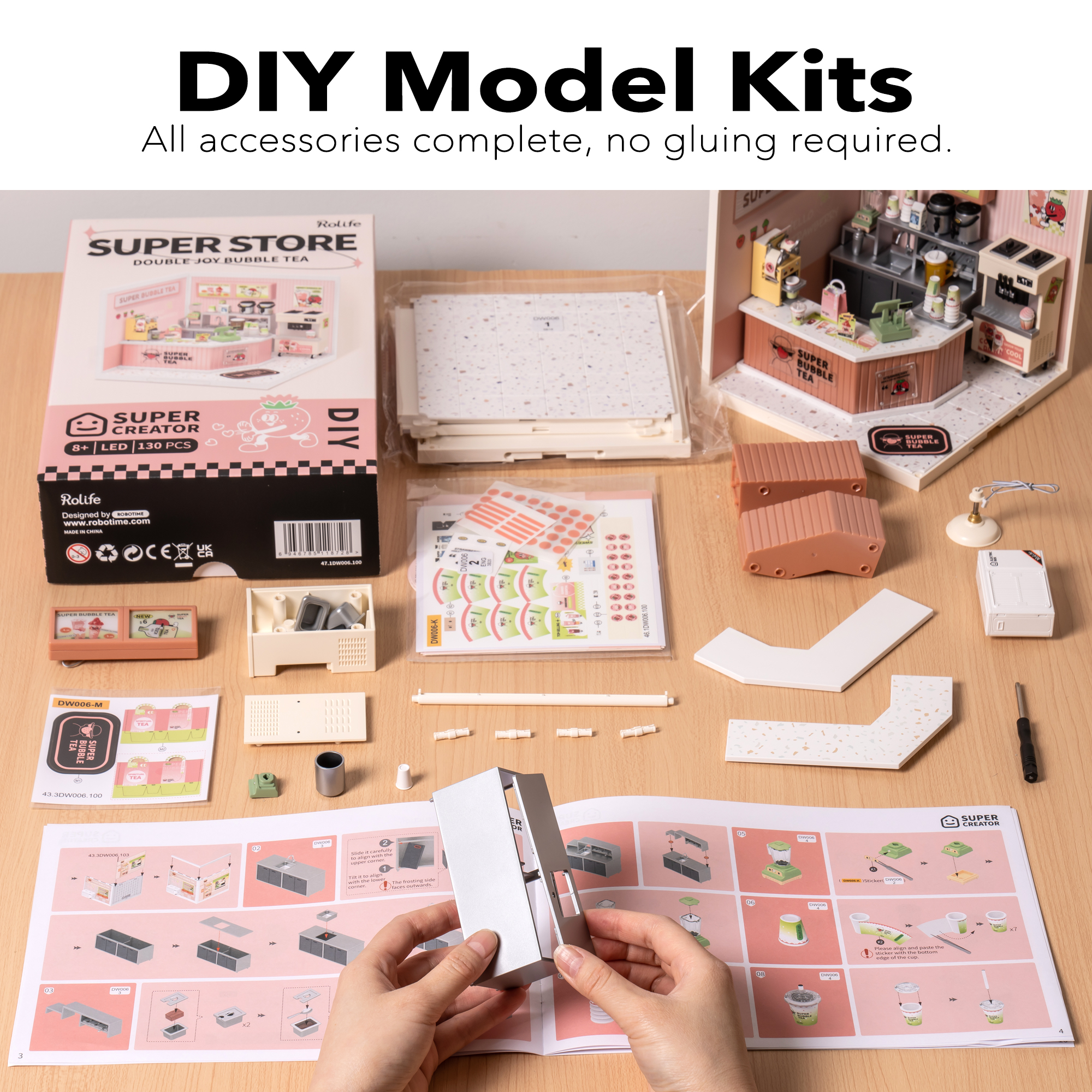 ROBOTIME Super Creator DIY Miniature House Kit,Tiny Home Craft Kits with LED,Mini Dollhouse Building Set,Gifts for Teens Adults(Double Joy Bubble Tea)