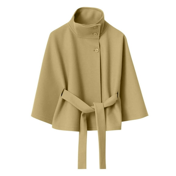 Yangnuo Womens Trendy Warm High Neck Loose Buttoned Jackets 2025 Fall Winter Women's Fashionable Casual Solid-color Cape Stand-up Collar Button Belt Trench Coat Long Sleeve Hoodless Casual Outwear