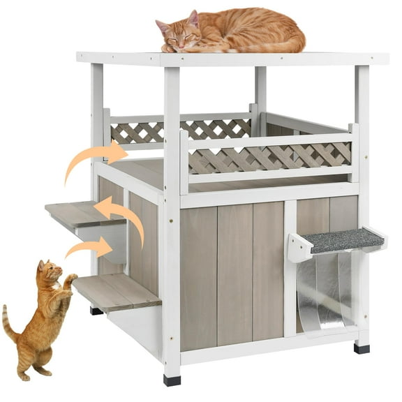 Gowoodhut Two Story Cat House Outdoor Weatherproof, Wooden Outside Feral Cat Shelter with Large Balcony, Escape Doors, Easy Installation