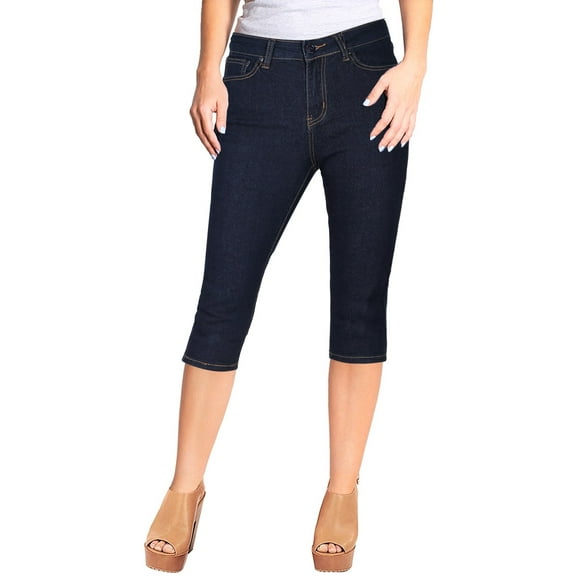 2Luver, Women's, Stretchy 5 Pocket Skinny Dark Indigo Mid Rise Capri Ripped Denim Jeans, Indigo Blue, 7