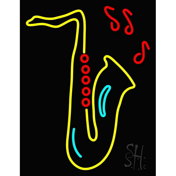 Yellow Saxophone Musical Note LED Neon Sign 31" Tall x 24" Wide - inches Black Square Cut Acrylic Backing, with Dimmer - Premium built indoor Sign for Studio, Club, Décor, Event, Storefront.