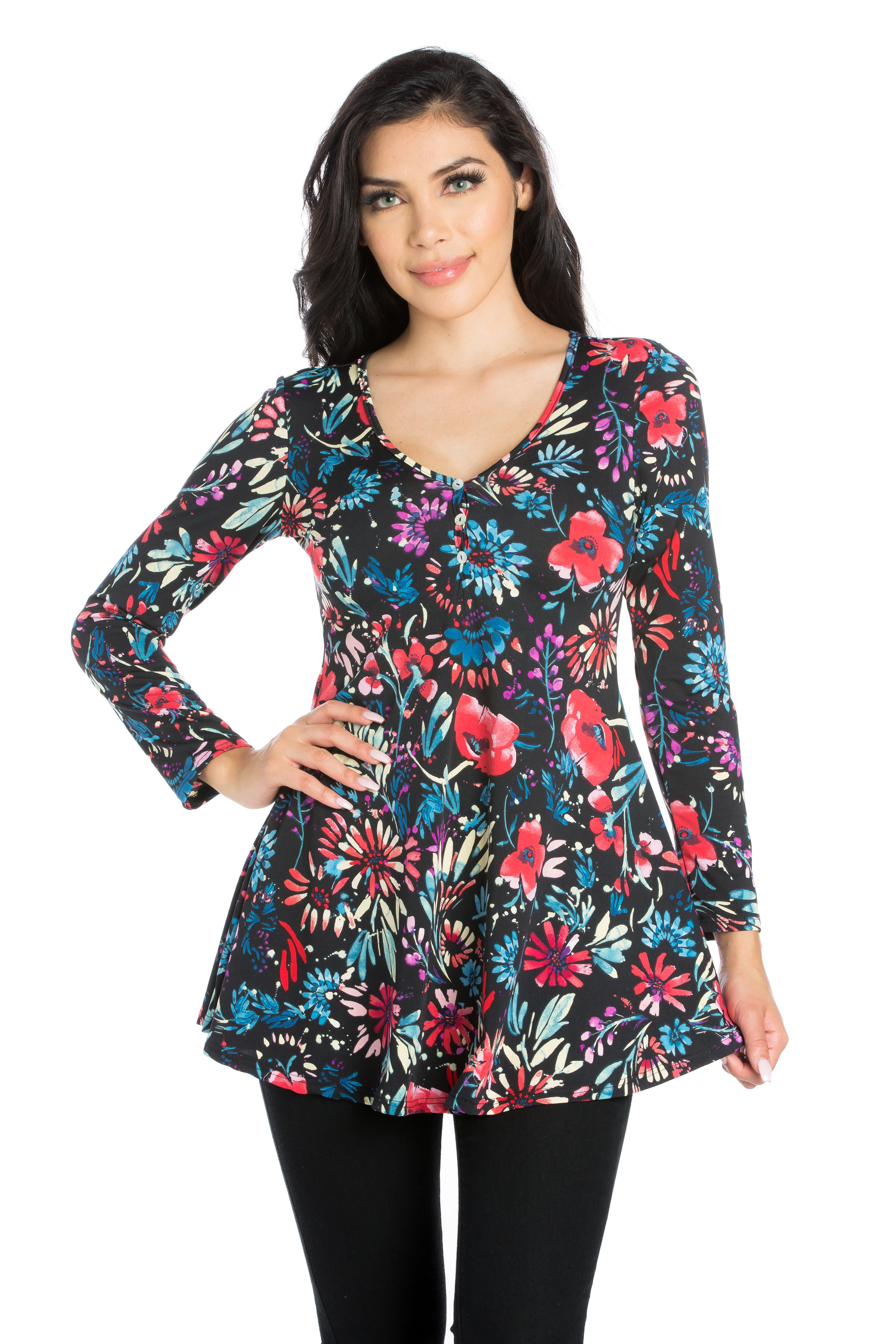 24/7 Comfort Apparel - Women's Flared Floral Long Sleeve Henley Tunic ...
