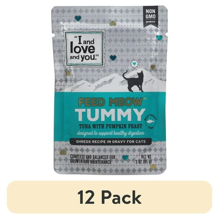 (12 pack) "I and love and you" Feed Meow Wet Cat Food Toppers, Tummy Formula with Tuna and Pumpkin, Digestive Support, Grain Free, No Fillers, Prebiotics and Probiotics, 3oz Pouch