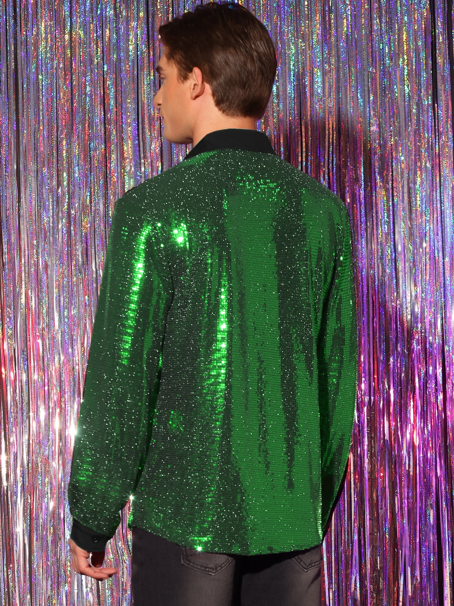 DARING DIVA Men's Sequin Long Sleeves Button Down Disco Metallic Shiny Shirts XL Green