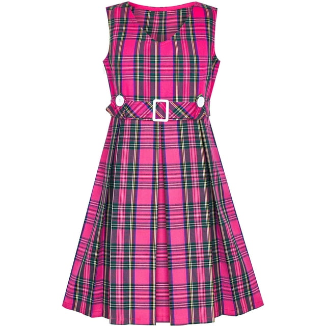 Girls Dress Pink Tartan Button Back School Pleated Hem 14 Years