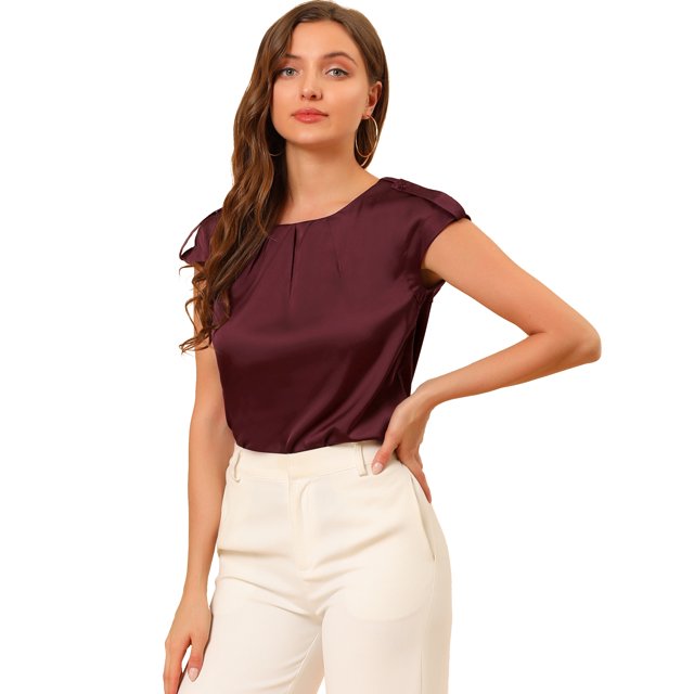 Unique Bargains Blouse Soyeuse à Manches Courtes pour Femmes Col Rond Plissé Décontracté Élégant