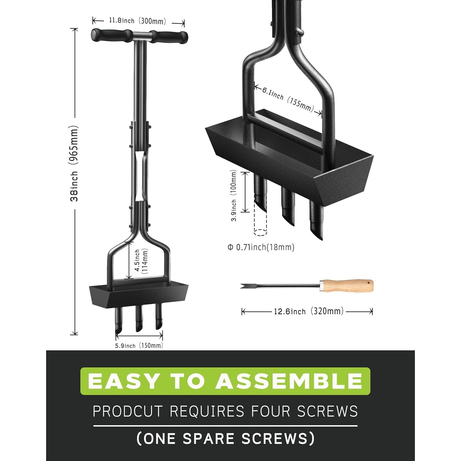Manual Garden Plug Aerator for Grass Aeration, Yard Aerator & A Cleaning Tool for Compacted Soil, Lawn Care, 38”,Patented, Black Handle