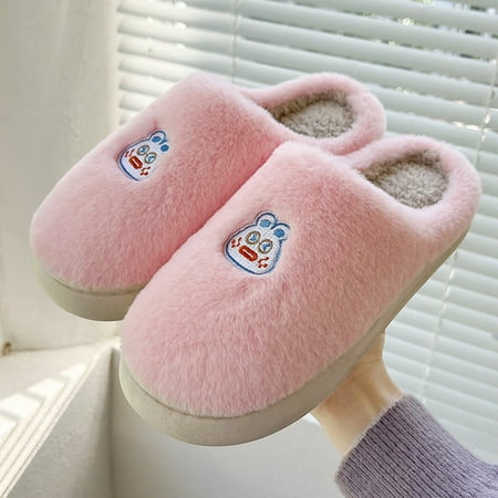

2022 Women s New Hairstyle Outer Wear Autumn And Winter Indoor Non Slip Thick Bottom Cute Cartoon Pattern Cotton Slippers Pink 6.5